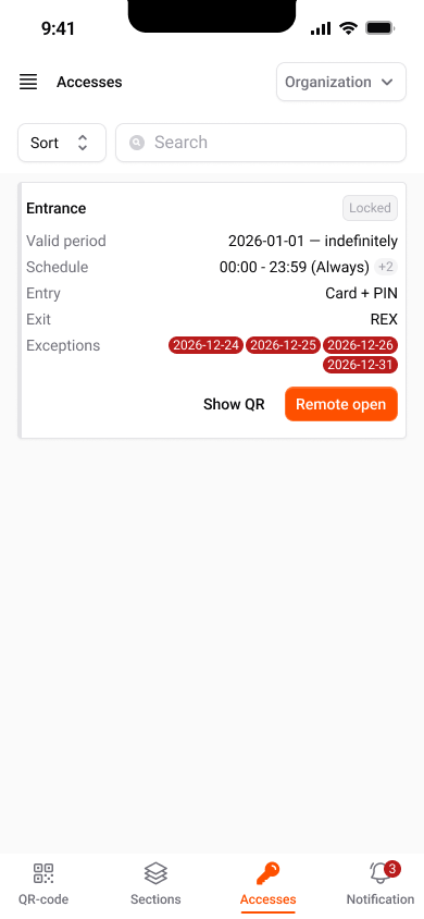 The Accesses screen in the Entryfy app showing the Entrance door as locked, valid from 2026-01-01 indefinitely, scheduled 00:00–23:59, entry by card and PIN, exit by REX, four exception dates in December, and buttons for Show QR and Remote open