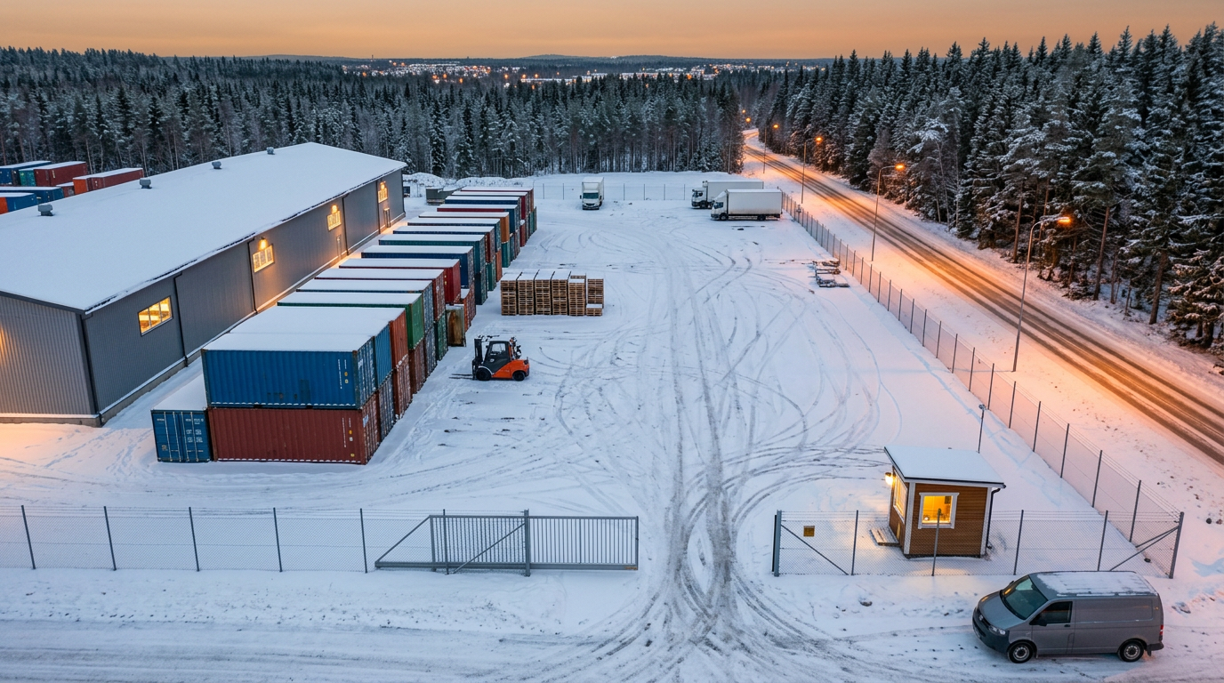 Flygbild i realtid från en drönare på cirka 120 meters höjd över den snöt��ckta containergården i skymningen, med skjutgrinden delvis öppen bredvid vaktkuren
